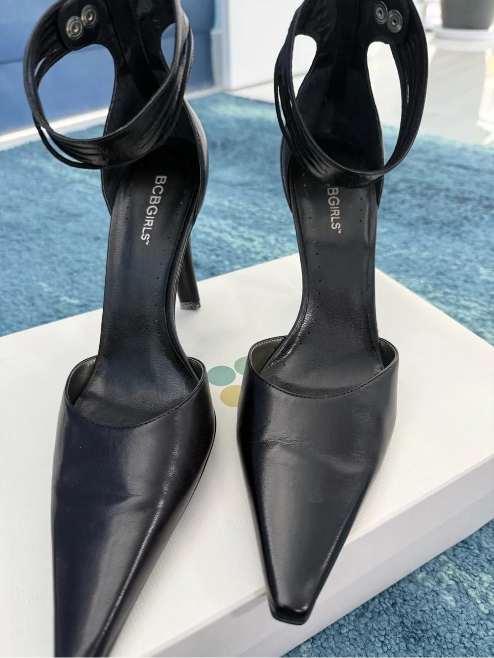 BCBG Black Pointed Ankle-Strap Stiletto Heels with Slim Heel